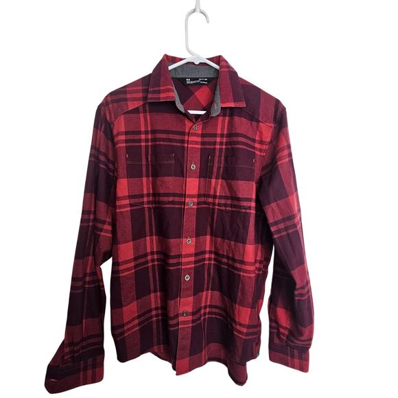 Under Armour Flannel Shirt Red Plaid Coldgear Button Front Long Sleeve Men S - Picture 1 of 8